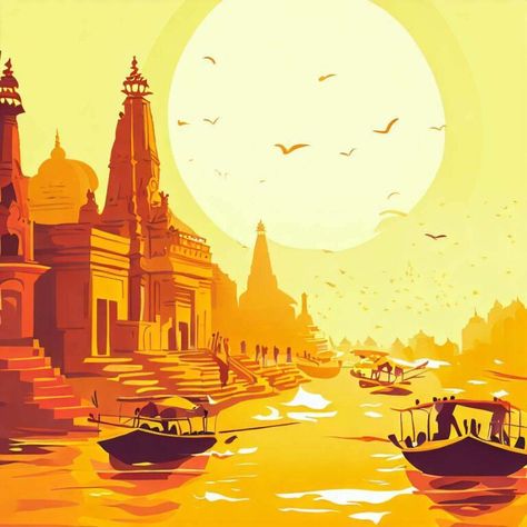 Embracing Eternity: A Spiritual Journey through Varanasi – Nerdiest India Haridwar Illustration, Varanasi Illustration, Varanasi Painting, Spiritual Art Painting, Gods Images, Tropical Leaf Decor, Engagement Invites, Book Painting, India Poster