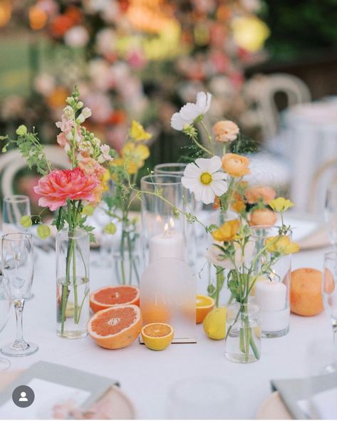 Circle Table Setting, Mountain Terrace, Bud Vases Wedding, Bud Vases Flowers, Fruit Wedding, Citrus Wedding, Deco Champetre, Colorful Wedding Flowers, Bridal Shower Tables