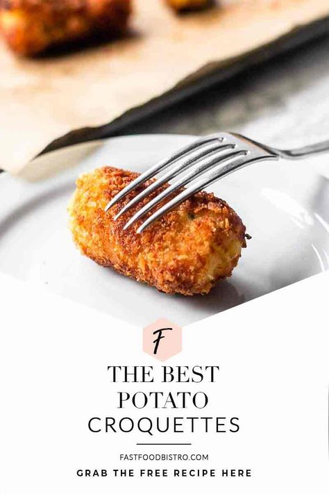 These potato croquettes are a classic side dish. The perfect combination of a crunchy outside and a soft inside! Bake in the oven or shallow fry in a skillet. Visit fastfoodbistro.com for the full recipe #fastfoodbistro #potatocroquettes #croquettes #croquetrecipe #potatocroquetterecipe #sidedish Easy Potato Croquettes Recipe, Potato Croquettes Recipe, Potato Croquette Recipe, Spanish Tapas Recipes, Italian Christmas Recipes, Croquettes Recipe, Potato Croquettes, Fried Pies, How To Make Potatoes