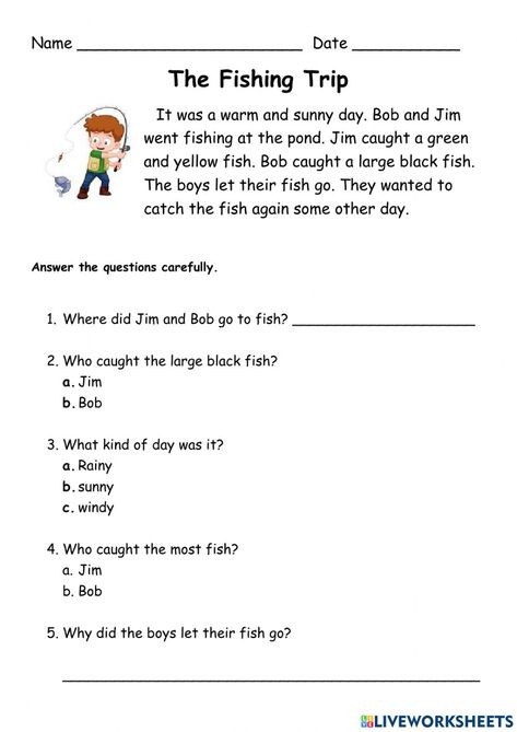 Reading Comprehension interactive activity for 2. You can do the exercises online or download the worksheet as pdf. The Worksheet, Yellow Fish, Related Images, Going Fishing, Interactive Activities, Fishing Trip, Online Workouts, Reading Comprehension, Sunny Days