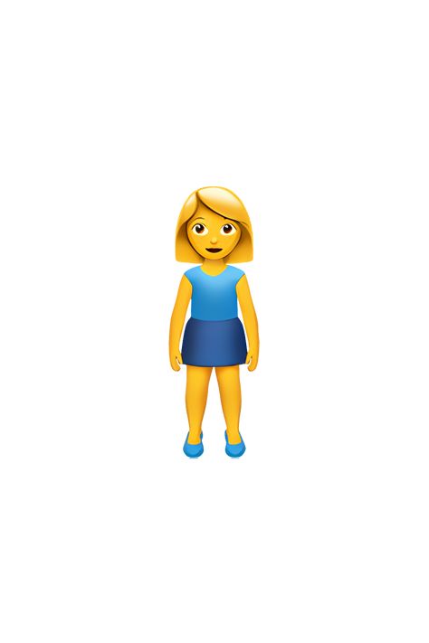 The emoji 🧍‍♀️ depicts a female figure standing upright with her arms at her sides. The figure is represented in a simplified, cartoonish style, with a round head, a small nose, and a simple smile. The woman is wearing a plain, neutral-colored outfit, with no discernible details or patterns. The figure is depicted in a neutral, upright posture, with no discernible movement or action. Overall, the emoji conveys a sense of stillness, simplicity, and neutrality. Standing Emoji, That Girl Emojis, I Phone Emoji Png Attitude, Iphone Emoji Girl, Iphone Emoji Faces Girl, Shy Emoji Meme, Apple Emojis, Girl Emoji, Good Comebacks