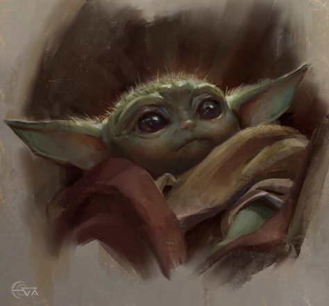 ArtStation - The Mandalorian study, Eva Kosmos Grogu Paintings Easy, Grogu Painting, The Mandalorian Painting, Grogu Cute Art, Grogu As A Mandalorian, Yoda Art, Yoda Wallpaper, Star Wars Background, Star Wars Yoda