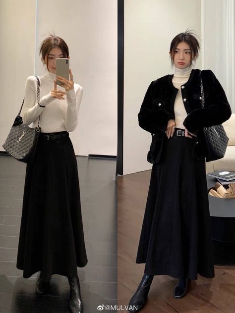 Floral Skirt Korean Outfit, Black Skirt Classy Outfit, Work Outfit Long Skirt, Winter Long Black Skirt Outfit, Black Outfit Korean Casual, Korean Outfits Long Skirt, Long Black Skirt Outfit Winter Korean, Black Skirt Modest Outfit, Black Long Skirt Outfit Korean