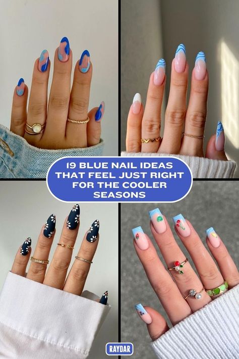 Ombré effects, chrome finishes, and subtle details make blue nails feel anything but boring. To prove it, here are 19 blue nail designs for fall and winter—baby blue, navy, and more included. #bluenails #bluenaildesigns Light Blue Nail Tips, Multi Blue Nails, Dark Blue Nail Designs Ideas, Blue Fancy Nails, Beach Blue Nails, Blue French Nail Designs, Blue And Nude Nails, French Blue Nails, Blue Abstract Nails