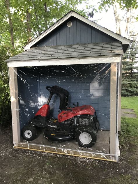 Lean To Shed For Riding Mower, Riding Lawn Mower Storage Sheds, Diy Lawn Mower Shed, Diy Lawnmower Shed, Riding Lawn Mower Shed, How To Make A Shed Look Nice, Riding Mower Shed, Riding Lawnmower Storage Ideas, Riding Mower Storage