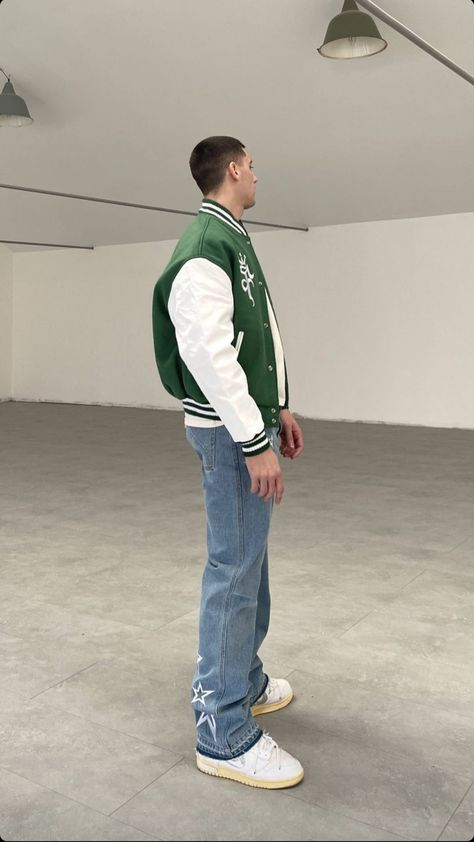 Green Baseball Jacket Outfit, Green Varsity Jacket Outfit Men, Vintage Varsity Jacket Outfit, Baseball Jacket Outfit Men, Letterman Jacket Outfit Men, Green Varsity Jacket Outfit, Varsity Jacket Outfit Mens, Streetwear Varsity Jacket, Letterman Jacket Outfit