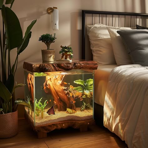 Wooden Aquarium Bedside Tables That Bring Serenity to Your Bedroom Fish Tank Home, Fish Tank In Office, Aquarium Furniture, Aquariums In Homes, Desk Aquarium, Bedroom Aquarium, Aquarium In Bedroom, Aquarium Bedroom, Fish Aquarium Ideas