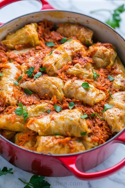 These stuffed cabbage rolls are hearty, healthy and so satisfying. Cabbage rolls are made with simple, inexpensive ingredients. A freezer friendly meal! Golubtsi Recipe, Lazy Cabbage Rolls, Natashas Kitchen, Stuffed Cabbage Rolls, Freezer Friendly Meals, Cabbage Rolls Recipe, Hearty Comfort Food, Stuffed Cabbage, Cabbage Rolls