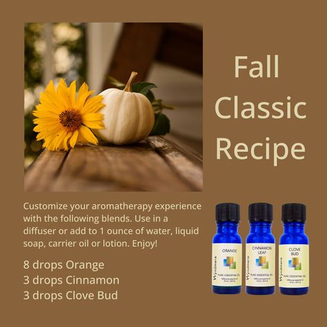 Fall Classic Recipe Customize your aromatherapy experience with the following blends. Use in a diffuser or add to 1 ounce of water, liquid soap, carrier oil or lotion. Enjoy! Headache Relief Essential Oils, Fall Essential Oil Blends, Diy Room Spray, Ginger Essential Oil, Young Living Essential Oils Recipes, Essential Oil Diffuser Blends Recipes, Glass Spray Bottle, Essential Oil Diffuser Recipes, Oil Diffuser Recipes