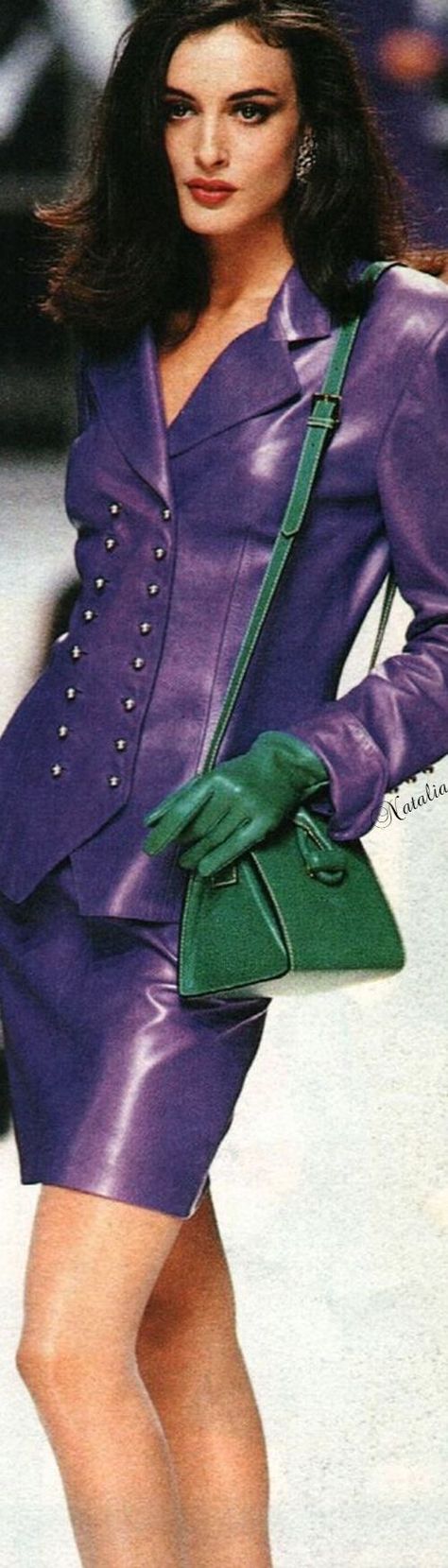 Green And Purple Outfit, Purple Leather Jacket, Trends Aesthetic, 90s Runway Fashion, Purple Outfits, Purple And Green, Purple Leather, Fur Fashion, Leather Dresses