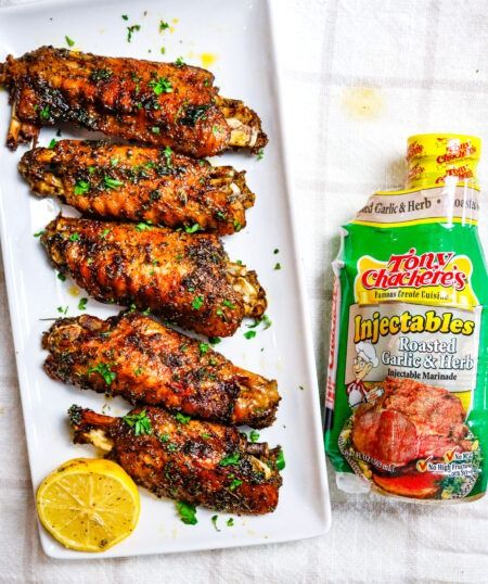 Garlic and Herb Turkey Wings - Tony Chachere's Honey Garlic Turkey Wings, Treager Turkey, Turkey Wings Recipe Baked, Easy Dinner Dishes, Marinated Turkey, Chicken Sausage Gumbo, Chicken Gumbo, Herb Turkey, Baked Wings