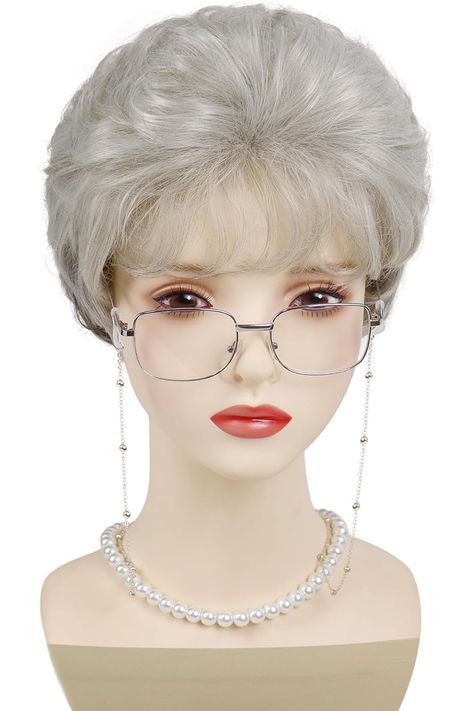 GNIMEGIL Old Lady Wig Set Synthetic Hair Ombre Grey Grandma Wig for 100 Days of School Mommy Costume Granny Outfits White Women Short Curly Wig with Glasses, Necklace &amp; Chain for Older Ladies &amp; Kids Mommy Costumes, Grandma Wig, Old Lady Wig, Short Curly Wig, Glasses Necklace, China Shop, Hair Ombre, Short Curly Wigs, Curly Wig