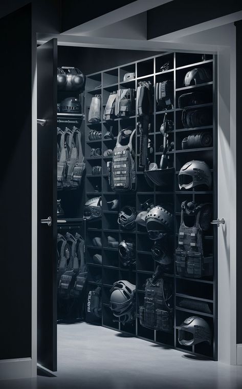 Achieve a clean, monochromatic look with black-and-white tactical gear storage. ⚫⚪ These military gear organization ideas are perfect for those who love a sleek, modern design that’s as functional as it is stylish. #TacticalGearStorage #MilitaryGearOrganization #MonochromeDesign Tactical Room, Black Tactical Gear, Gear Closet Organization, Tactical Gear Aesthetic, Tactical Gear Closet, Tactical Room Ideas, Tatical Gears Aesthetic, Mafia House Aesthetic, Black Luxury House