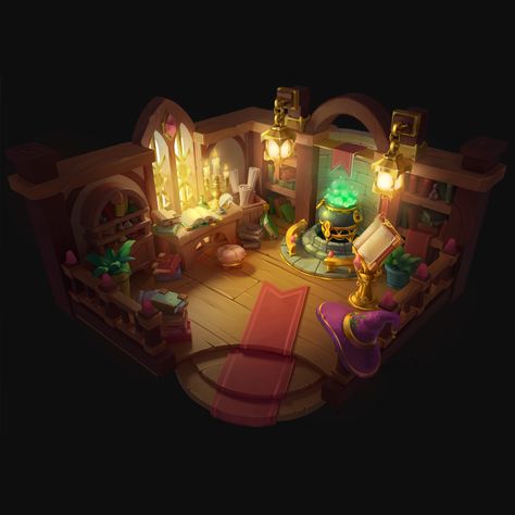 Magic Room Concept Art, Alchemist Room, Witch Lair Concept Art, Wizard Room Concept Art, Witch Room Illustration, Witch Hut Interior Concept Art, Witch House Interior, Isometric Witch Room, Witch Props