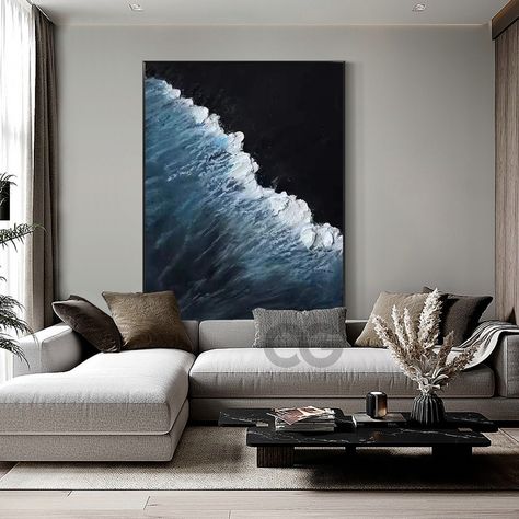 Living Room Large Pictures, Black White And Blue Interior Design, Black And White Beach House Living Room, Black And Blue Coastal Decor, Love In A Painting, Black Sand Beach Painting, Black Beach Painting, Black And White Beach Painting, Black And White Beach Decor