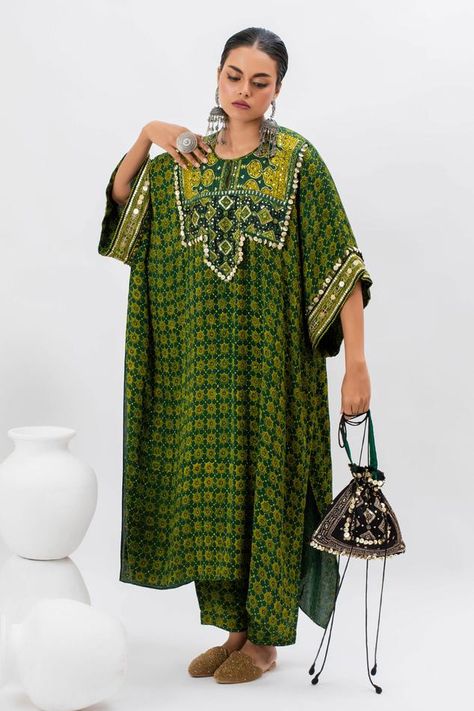 Green handblocked ajrakh kurta with hand embroidered yoke. Comes with slim pant. - Aza Fashions Printed Angrakha Kurti, Ajrak Design Dress, Neck Designs For Kaftan, Ajrakh Suit Designs, Unique Kurta Designs Women, Ajrakh Kurta Designs, Ajrakh Print Kurti, Rakhi Outfit Ideas, Kurta Top