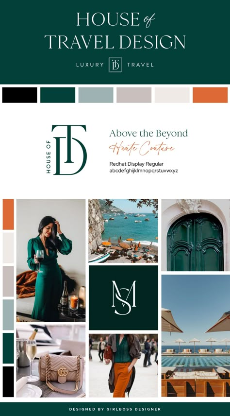 Shannon, the founder of House of Travel Design, aimed to create a brand that exuded professionalism, sophistication, and luxury. To achieve this, we utilized a color palette that included emerald green, cool neutrals, and a pop of orange. The pop of orange brings a sense of vibrancy, warmth, and confidence to the brand.The logo is designed to look sophisticated, with a focus on typography and a small mono-gram detail. Check out her branding and website here, as well as our website templates! Luxury Real Estate Color Palette, Luxury Travel Color Palette, Emerald Mood Board, Emerald Green Mood Board, Visual Identity Color Palette, Sophisticated Branding Color Schemes, Emerald Colour Palette, Emerald Green Branding Color Palette, Luxury Brand Palette