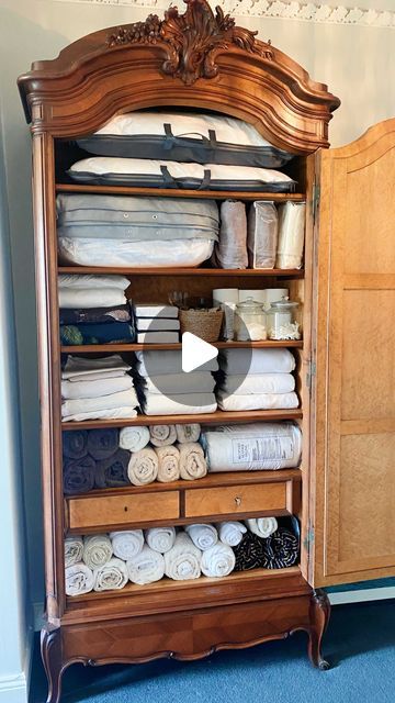 JEN CONNELL | Interiors & Lifestyle on Instagram: "How I organised my linen cabinet! We don’t have a traditional hot press so we picked up this antique French armoire to store all our bed linen, towels and toiletry backstock. Now I just need to find some labels for each shelf. What do you think? ❤️

#linencloset #linen #organisation #mariekondo #antique #armoire #irish #georgianhouse #georgianarchitecture #georgian #historic #historichomes #interior #interiordesign #interiør #interiör #interiorstyling #interiordecor #decor #décor #apartmenttherapy #vogue #vogueliving #elledecor #houseandhome #homedecor #homesweethome #home #homedecoration #house" Antique Linen Cabinet, Linen Press Cupboard, French Wardrobe Furniture, Linen Organisation, Antique French Bedroom, Armoire Repurpose, Bedroom Wardrobe Ideas, Armoire Makeover, French Armoire