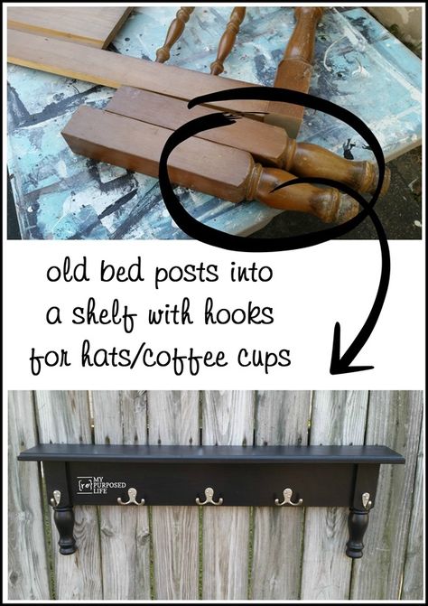 old bed posts into a shelf with hooks for hats-coffee cups and more MyRepurposedLife.com Bed Posts, Recycled Decor, Shelf With Hooks, Repurposed Dresser, Bed With Posts, Old Beds, Hat Rack, Diy Hat, Diy Coffee