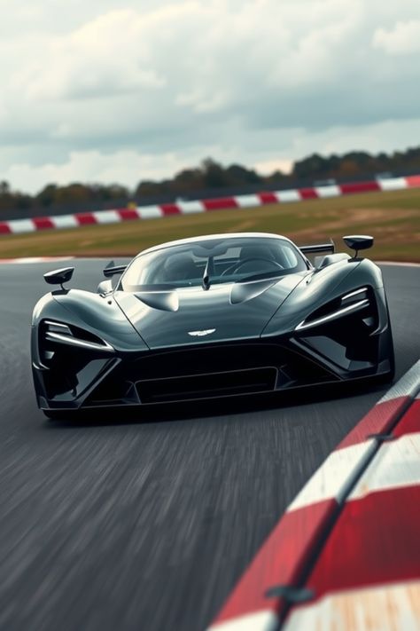 Aston Martin Valkyrie on a racetrack. Aston Martin Valkyrie Amr Pro, Aston Martin Valkyrie, Aston Martin V12 Vantage, Futuristic Cars Design, Futuristic Vehicles, Pure Imagination, Automotive Engineering, Auto Design, Concept Car Design