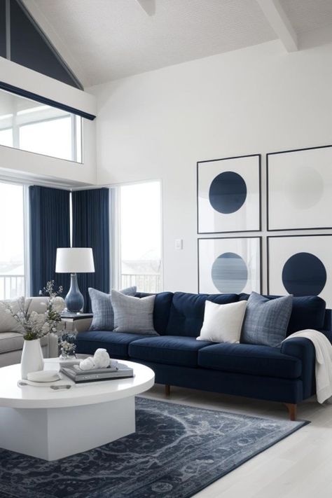 Black And White With Blue Accents, Blue Grey Color Palette Living Rooms, Living Room Ideas Blue, Blue White Living Room, Navy Blue And Grey Living Room, Blue Living Room Color Scheme, Grey White Living Room, Grey Flooring Living Room, Blue Living Room Color