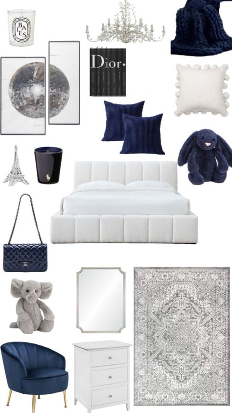 Nyc Style Bedroom, White Navy Bedroom, Stockholm Room Inspo Bedroom, Stockholm Room Decor, Stockholm Bedroom Aesthetic, Navy Room Aesthetic, Navy Blue Room Ideas, White And Navy Bedroom, Navy Blue Room Aesthetic