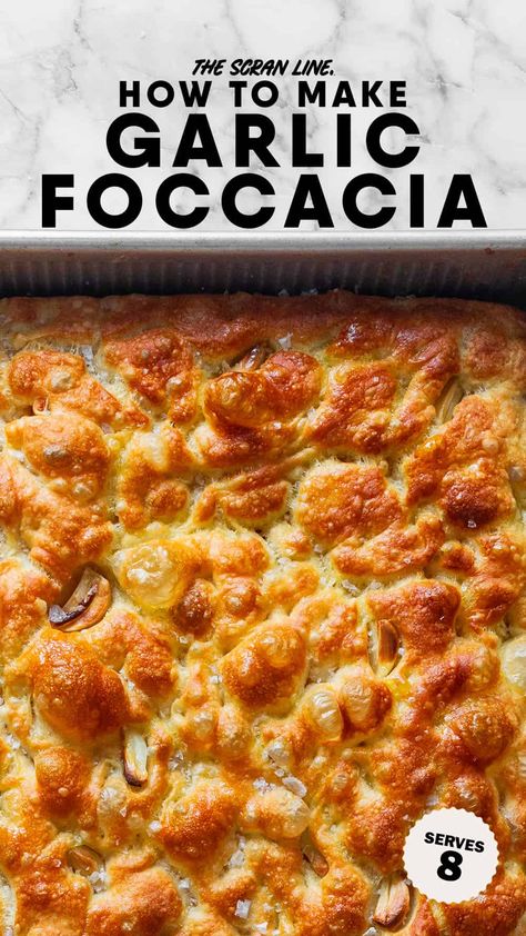 Easy No-Knead Garlic Focaccia Easy Focaccia Bread Recipe Fast, Rosemary Garlic Foccacia Bread, No Knead Foccacia Bread Recipes, Roasted Garlic Foccacia, No Knead Foccacia Bread, Garlic Foccacia Bread, Homemade Foccacia, Overnight Focaccia, Focaccia Recipes