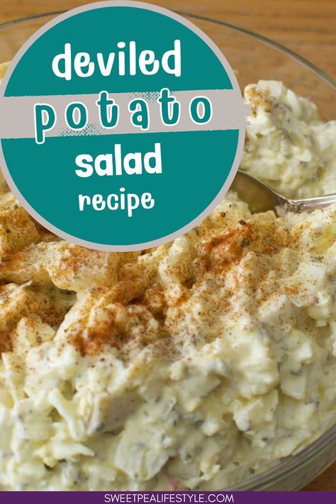 Spice up your regular potato salad with this deviled potato salad recipe! Inspired by the flavors of deviled eggs, this dish features creamy potatoes, hard-boiled eggs, and a zesty, tangy dressing. It's the perfect side dish for summer barbecues, picnics, or any meal that calls for a little Southern flair. This easy deviled egg potato salad recipe is simple to make and full of flavor. Try it today and enjoy a delicious twist on a classic favorite! Russet Potato Salad Recipe, Deviled Egg Potato Salad Recipe, Egg Potato Salad Recipe, Salads Lettuce, Egg Potato Salad, Red Skin Potato Salad, Deviled Egg Potato Salad, Egg Potato, Creamy Potatoes