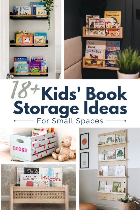 Smart ideas for storing children's books in small bedrooms, nurseries, and playrooms. Get inspired to organize your kid's books! Bedroom Book Storage, Storing Kids Books, Small Space Book Storage, Book Storage Small Space, Small Bookshelf Ideas, Nursery Book Storage, Organizing Kids Books, Bookshelves For Small Spaces, Ikea Book