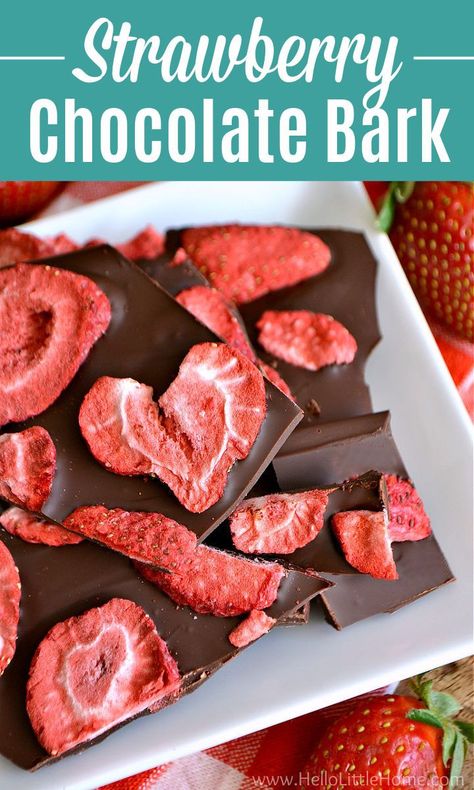 Treat yourself to this delicious Strawberry Dark Chocolate Bark … a decadent treat that’s ready in minutes! Learn how to make Strawberry Chocolate Bark with simple ingredients: dark chocolate and freeze dried strawberries. Sub your fave chocolate, like Milk or White Chocolate, too. Enjoy this easy Strawberry Bark Recipe year round or for a romantic Valentine’s Day dessert! Strawberry Bark with Dried Fruit and Chocolate makes a healthy, gluten free snack or sweet treat! | Hello Little Home Chocolate Covered Freeze Dried Strawberries, Dark Chocolate And Fruit Healthy Snacks, Dark Chocolate Bark Healthy, Freeze Dried Strawberry Recipes Baking, Chocolate Strawberry Bark, Chocolate Strawberry Bites, Strawberry Bark Recipes, Strawberry Chocolate Bark, Dried Strawberry Recipes