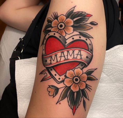 Traditional Heart Ribbon Tattoo, Traditional Initial Tattoo, Neotraditional Mom Tattoo, Traditional Love Heart Tattoo, Mom Heart Tattoo Designs, Traditional Daughter Tattoo, American Traditional Name Tattoo, Tradition Tattoo Sleeve, Traditional Tattoo For Son