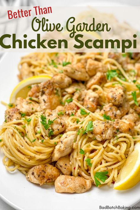 Olive Garden Chicken Scampi, Chicken Scampi Pasta, Chicken Scampi Recipe, Crispy Honey Chicken, Olive Garden Chicken, Restaurant Copycat Recipes, Chicken Scampi, Italian Feast, Batch Baking