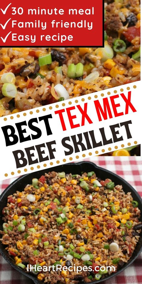 This tex-mex ground beef skillet is a perfect easy weeknight dinner. Use your favorite veggies, like black beans, Rotel tomatoes, corn, and rice for a hearty and flavorful dinner. Ground Beef Black Beans Rice, Rotel And Ground Beef Recipes, Tex Mex Beef And Rice Casserole, Ground Beef And Jalapeno Recipes, Hamburger Meat Corn Black Beans, Black Beans Rice And Hamburger, Southwest Ground Beef Skillet, Hamburger Rice And Beans Recipes, Tex Mex Rice And Beans