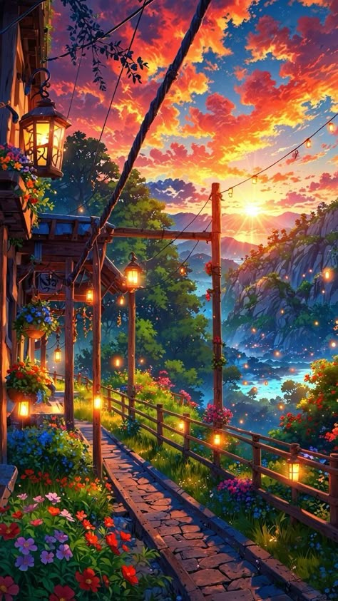 Painting Ideas Scenery, Magical Wallpaper, Drawings Wallpaper, Sunset Illustration, Magical Flowers, Magical Landscape, Magical Pictures, Chasing Sunsets, Arte 8 Bits