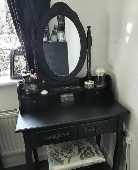 Goth Bedrooms, Goth Vanity, Goth Farmhouse, Gothic Vanity, Edgy Bedroom, Goth Room, Goth Houses, Gothic Decor Bedroom, Goth Bedroom