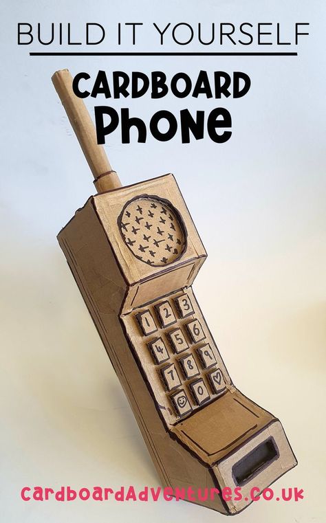 Cardboard Phone Toy made by Theatre designer Sam Wilde. Look for more patterns and templates for fun toys and DIY craft activities on CardboardAdventures.co.uk Arts And Crafts Cardboard, Cardboard Phone Diy, How To Make A Cardboard Phone, 3d Cardboard Art Projects, Tv Head Cardboard, Cardboard Props Diy, Cardboard Art Ideas, Simple Cardboard Crafts, Fun Cardboard Crafts