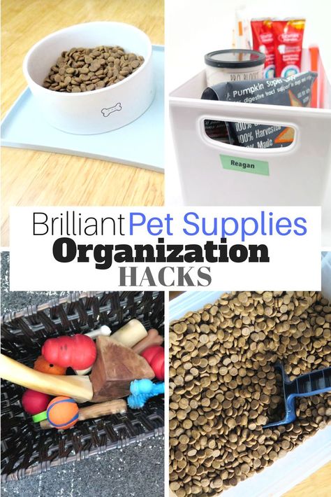 Try out these tips to keep your house squeeky clean with this guide to organize pet supplies throughout the home. Smart solutions and tips to keep dog supplies organized! Dog Supplies Organization, Pet Supplies Organization, Dog Organization, Pet Organization, Fish Supplies, Best Dog Food, Pet Hacks, Smart Solutions, Supplies Organization