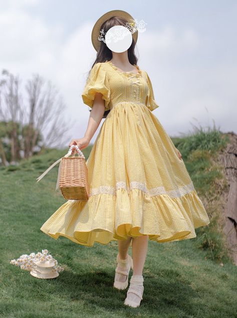 ❤Retro girly yellow dress + apron + ribbon❤︎
⚠Please allow 30 days for shipping. Puffy Dress Reference, Cute Yellow Outfits Drawing, Cute Ruffle Dress, Yellow Checkered Dress, Doll Like Dress, Every Day Dress, Cute Modest Fashion, Flowy Dress Reference, Cottagecore Outfits Dress