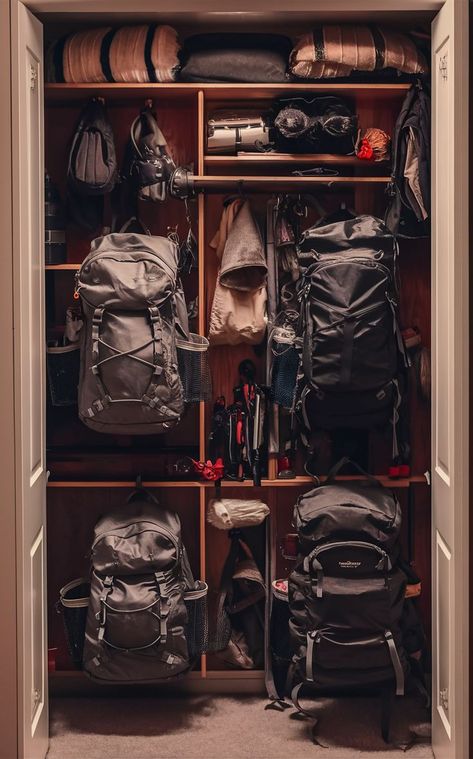 An organized apartment closet with a backpacking gear wall and neatly arranged gear for easy access. Compact Apartment, Gear Wall, Gear Room, Art Studio Organization, Studio Organization, Truck Camping, Backpacking Gear, Tool Sheds, Dream House Interior