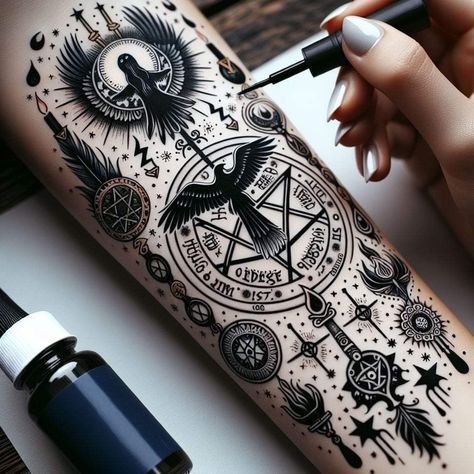 Witches Tattoo Symbols, Hedgewitch Tattoo, Chest Tattoo Female Witch, Tatos Men, Wiccan Tattoos For Women, Shogun Tattoo, Wicca Tattoo, Chris Tattoo, Wiccan Tattoo