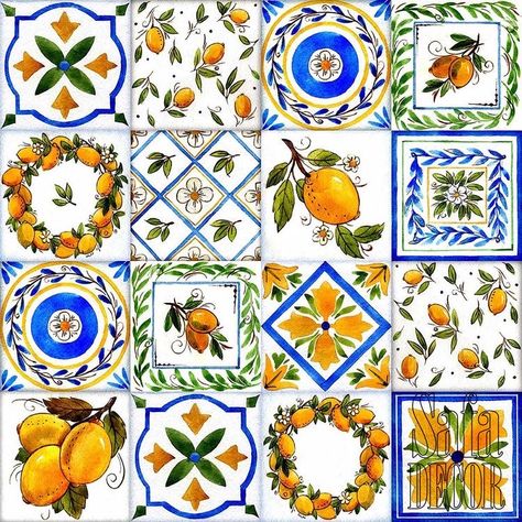 Square Tile Pattern, Tree Pot, Italian Pattern, Mexican Kitchen, Lemon Painting, Lemon Flowers, Sofa Fabric, Lemon Patterns, Lemon Decor