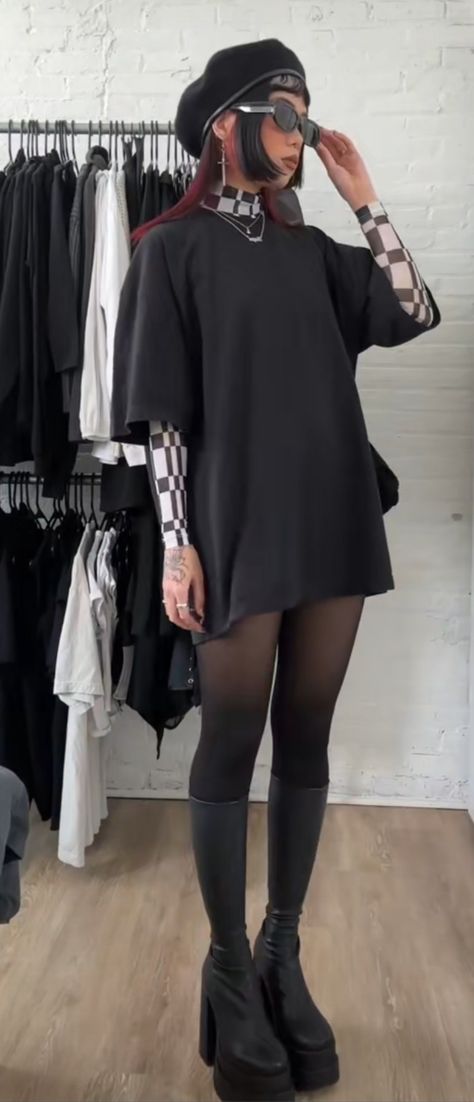 Goth Outfits Oversized, Alternative Rainy Day Outfit, Gothic Style Plus Size, Cute Outfits With Long Boots, Outfit Ideas For 25 Year Old Women, Fall 2023 Fashion Plus Size, Fancy Edgy Outfits, Modern Rock Outfits Women, Cute Casual Alt Outfits