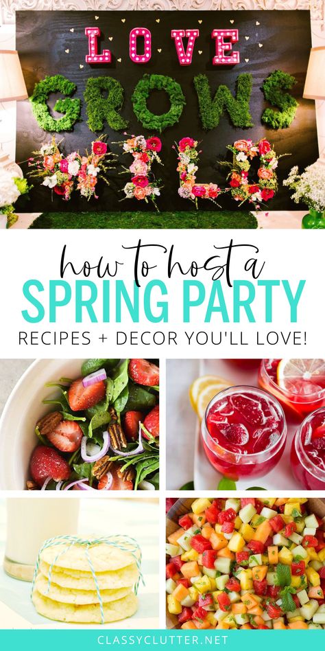 Spring is almost here, and it's time to celebrate! And what better way to celebrate than with a spring party?! We've gathered all of our favorite recipes and decor ideas so you can throw a spring themed party too! #springparty March Luncheon Ideas, Spring Party Theme Ideas, Spring Themed Food Ideas, Spring Foods Party, Spring Bunco Food Ideas, Spring Theme Dinner Party, Spring Floral Theme Party, Bunco Party Themes For April, Spring Theme Birthday Party For Women