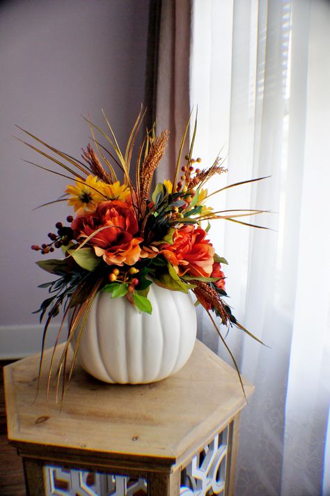 Ready To ship Beautiful fall arrangement. I have use most beautiful fall peonies, berries and grasses, placed on a white pumpkin. If you have any questions - feel free to ask me. Custom requests are always welcome! All artificial flowers. Pumpkin Table Centerpiece Wedding, Harvest Floral Arrangements, October Floral Arrangements, Fall Floral Arrangement Ideas, Fall Flower Arrangements Diy, Fall Silk Flower Arrangements, Fall Vase Decor, Diy Fall Table Centerpieces, Fall Arrangements Floral Design