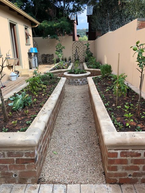 Raised Garden Brick, Brick Veggie Garden, Tile Raised Garden Bed, Brick Planter Boxes Raised Beds, Brick Veggie Garden Bed, Brick Vegetable Garden Raised Beds, Brick Raised Beds Garden, Elegant Raised Beds, Landscape Design Along Fence