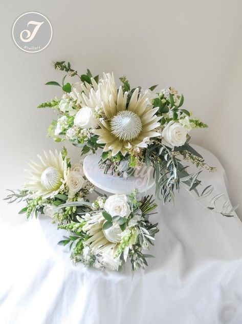 white king protea bridal bouquet King Protea Wedding Bouquet, Protea Bridal Bouquet, White King Protea, Protea Wedding Bouquet, White Protea, Budget Wedding Flowers, Protea Wedding, Perth Wedding, Protea Bouquet