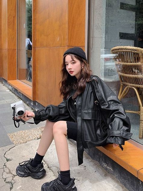 Good patch arrived fast Kpop Fashion Women, Leather Coat Outfit, Tokyo Outfits, Cute Leather Jackets, Faux Leather Motorcycle Jacket, Jacket Outfit Women, Leather Coat Womens, Cool Girl Style, Pu Leather Jacket