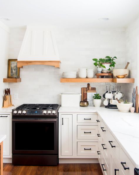 The debate of floating kitchen shelves vs. cabinets is a hot topic years into the open shelving trend. Read 15 pros & cons to settle it once and for all! #fromhousetohaven #openshelving #kitchenideas #floatingkitchenshelves #kitchenshelves #floatingshelves #kitchendesign Floating Kitchen Shelves, Kitchen Hood Design, Kitchen Vent, Corner Kitchen Cabinet, Shaker Kitchen Cabinets, Design Your Kitchen, Kitchen Hoods, Kitchen Corner, Kitchen Cabinet Hardware