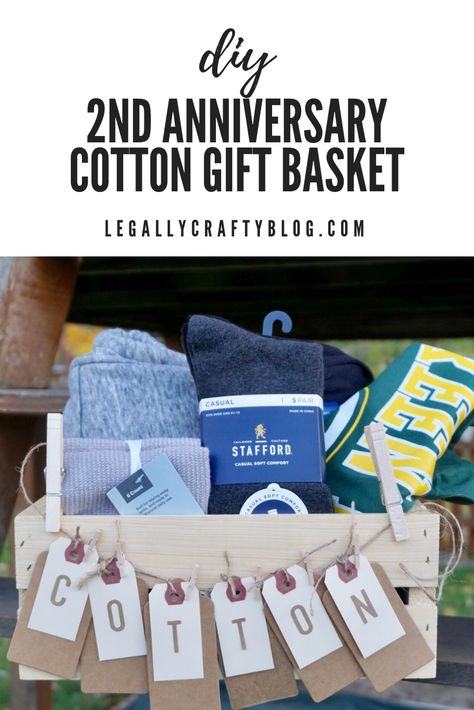 Create a cotton themed DIY gift basket for the perfect 2nd wedding anniversary gift idea. Click here to get ideas for what to include and how to add a personal touch! #anniversarygift #giftbox #giftideas #diygiftbasket #cotton Anniversary Basket, Anniversary Gift Basket, 2 Year Anniversary Gifts For Him, Cotton Wedding Anniversary Gift, Cotton Anniversary Gifts For Him, Diy Birthday Gifts For Him, Anniversary Gift Baskets, Diy Gift Basket, Second Year Anniversary Gift