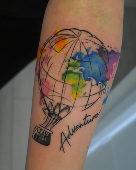 Hot Air Balloon Tattoo, Air Balloon Tattoo, World Map Tattoos, Map Tattoo, Balloon Tattoo, Map Tattoos, Tattoo Life, Sleeve Tattoos For Women, Tattoo Model